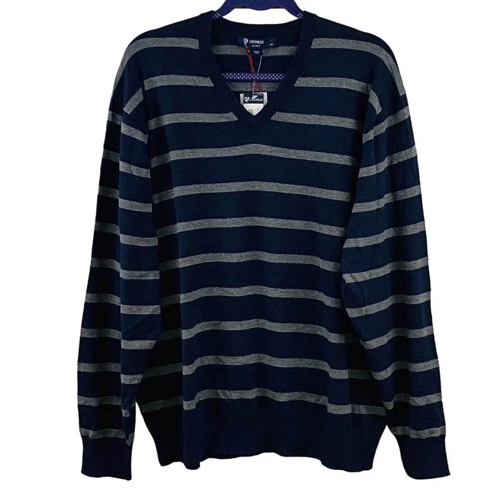 Mens XL Cremieux Classics Sweater V-Neck Knit Blue Gray Stripe Cotton Silk Blend